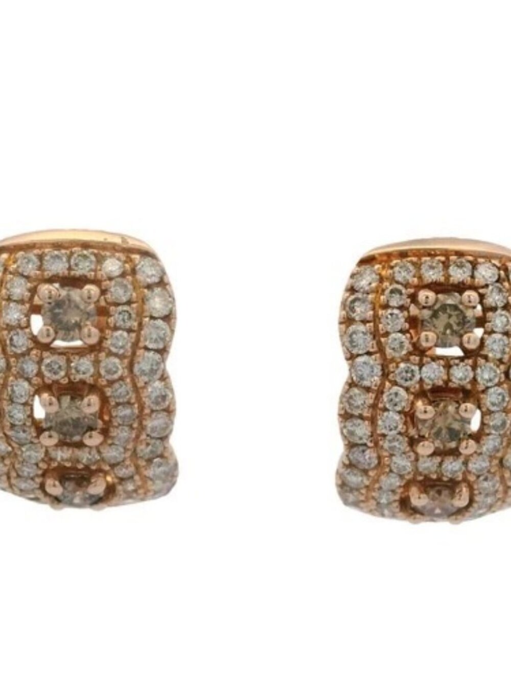 LeVian 14kt Rose Gold Brown White Diamond Scalloped Cluster Huggie Earrings